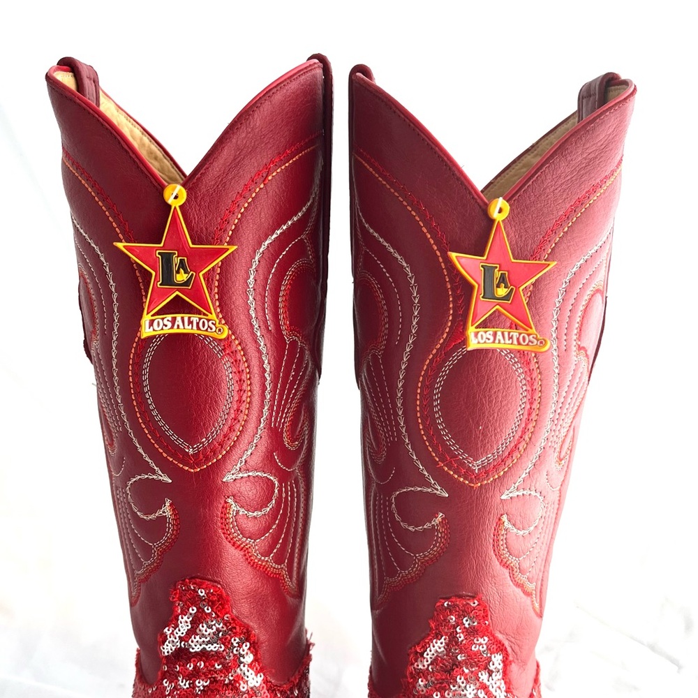 ♥️ Cowgirl Red Sequined Leather Los Altos Western women’s 12,5 Boots - Picture 5 of 13